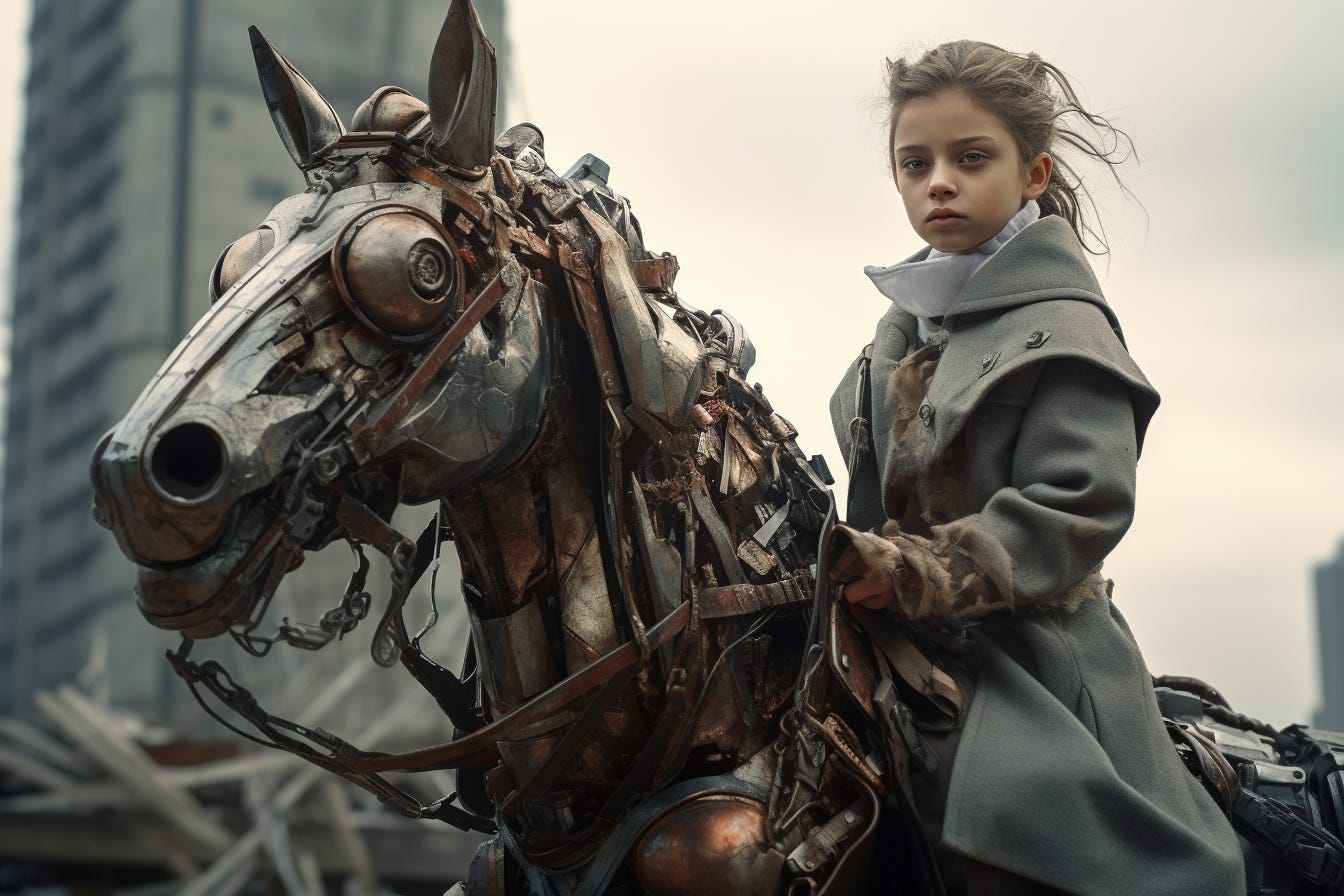 Midjourney image for "girl on a metal horse, dystopian city, sovietcore"