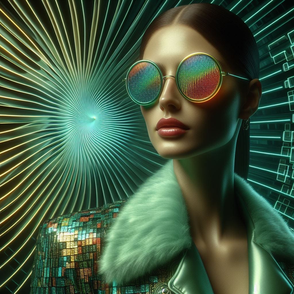 Hyper realistic;Close up woman wearing irridescent sunglasses with digital code reflected in them.a light green silk cape with Woman in foreground with a jacket made of macro image by charles krebs close up of wing scales of the Prola beauty butterfly, Panacea prola. The background is a spiral of squares. They spiral to a point and disappear in the center of the screen. a dark green background with see through squares with thin neon green and yellow light as trim.