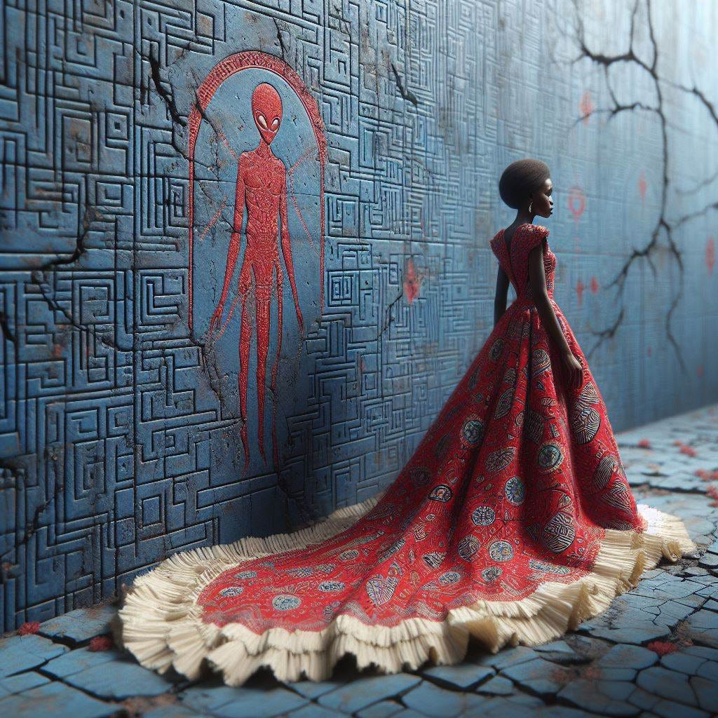 hyper realistic ;tiltshift; vast distance. dark haired woman in a  dress covered in buitre pattern red on cobalt blue dress with a cream ruffles with a mono pattern embroidered on it. painting by alexander ross on wall in background. Wall made of concrete with alien symbology carved into it. Cracks in wall with tiny flowers growing through.Architecture africaine.Hausa people architecture in Northern Nigeria,Tubali 