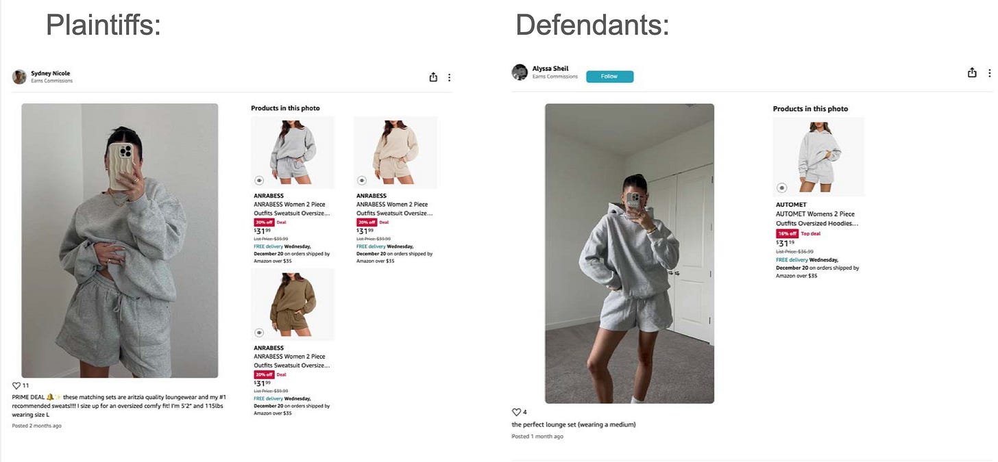 Screenshots of posts by Gifford and Sheil, with both women modeling a gray sweatsuit. Their faces are covered by their phones.