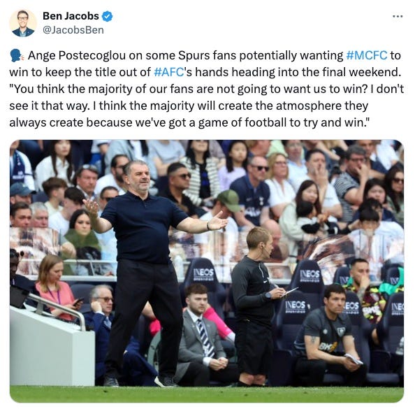 A tweet by Ben Jacobs following an Ange Postecoglou press conference on May 13, 2024