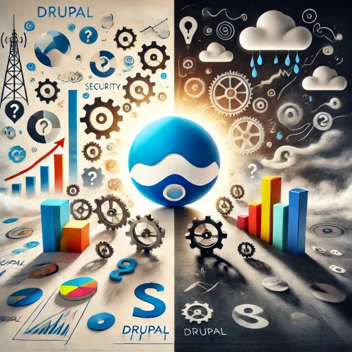 Artistic Drupal logo amid gears, charts; bright side vs stormy side contrast.