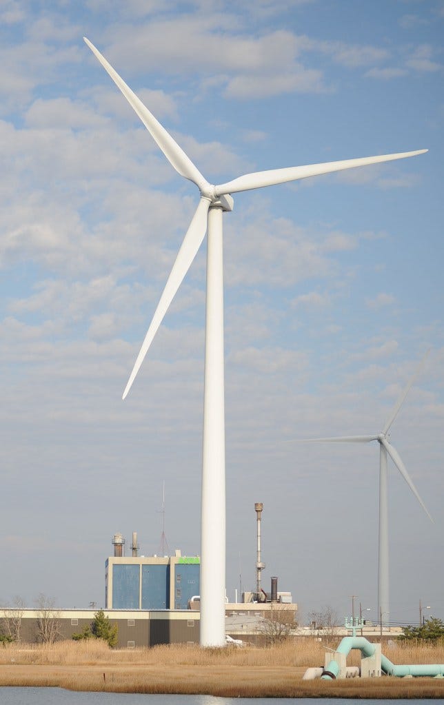 Wind turbines that are a part of the Jersey-Atlantic Wind Farm, which was the first coastal wind turbine farm in the United States and is located in Atlantic City, NJ 