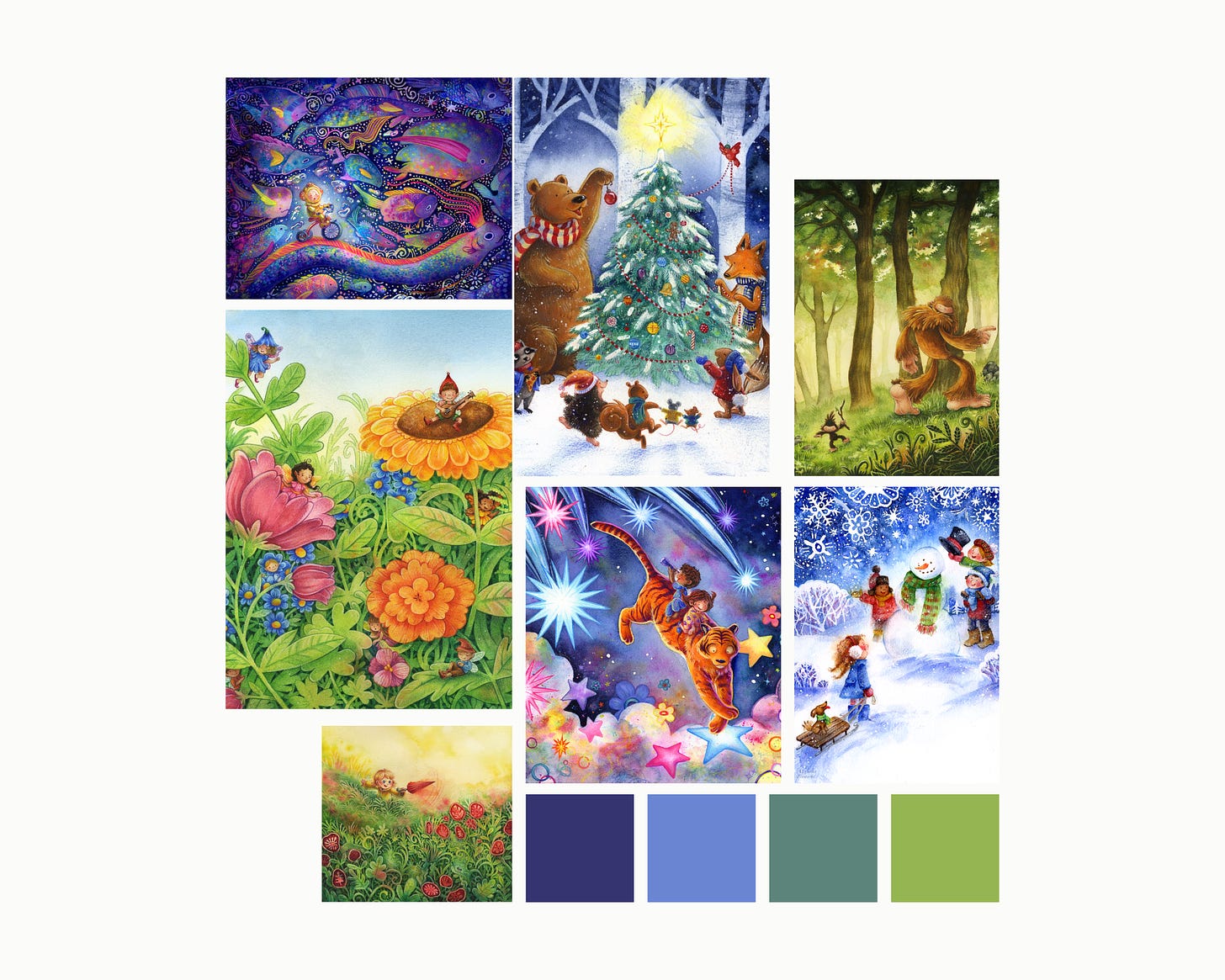 A collage of the illustrator's portfolio, which mainly contains blue and green color palettes.