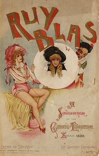 Ruy Blas Program, and old style illustration of a woman in pink undergarments holding a drum from which a woman's head is emerging. 