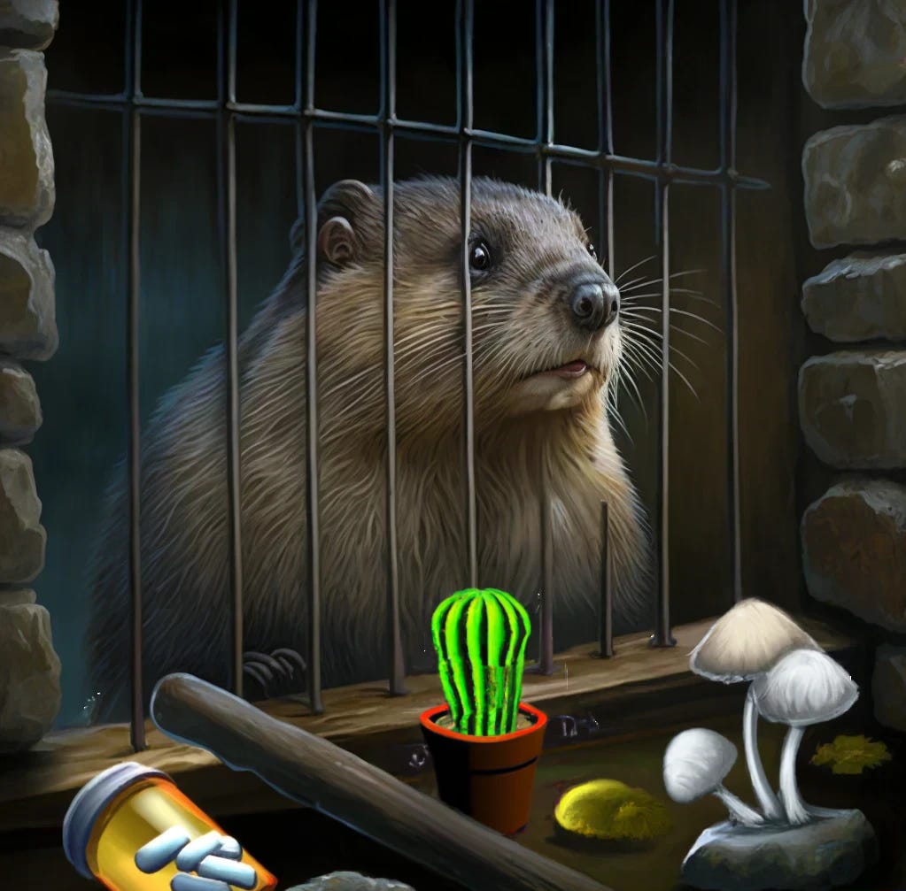 Beaver behind bars, psychedelic mushrooms, cactus, and pills in foreground.