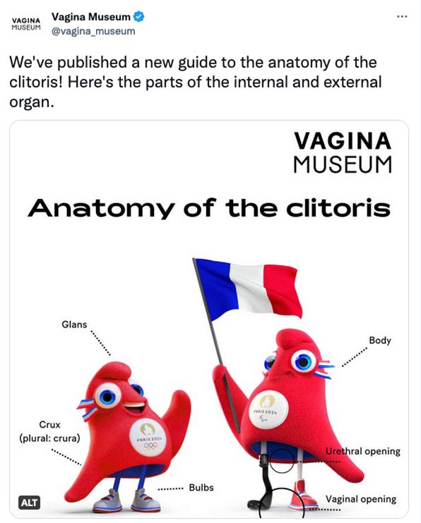 Screenshot of a tweet with a picture of two olympic mascots labelled with the parts of the clitoris