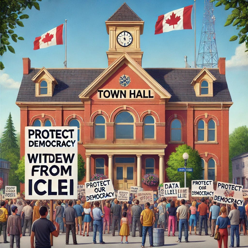 An image depicting a town hall in a small Canadian municipality, with the town hall building in the background. In the foreground, there is a sign or banner that reads 'Protect Our Democracy - Withdraw from ICLEI' in bold letters. The scene should include a group of diverse citizens gathered peacefully, some holding signs that express concerns about data privacy and corporate influence. The setting is a bright day with clear skies, symbolizing hope and community solidarity. The town hall should look like a classic Canadian municipal building with brick architecture and a welcoming entrance.