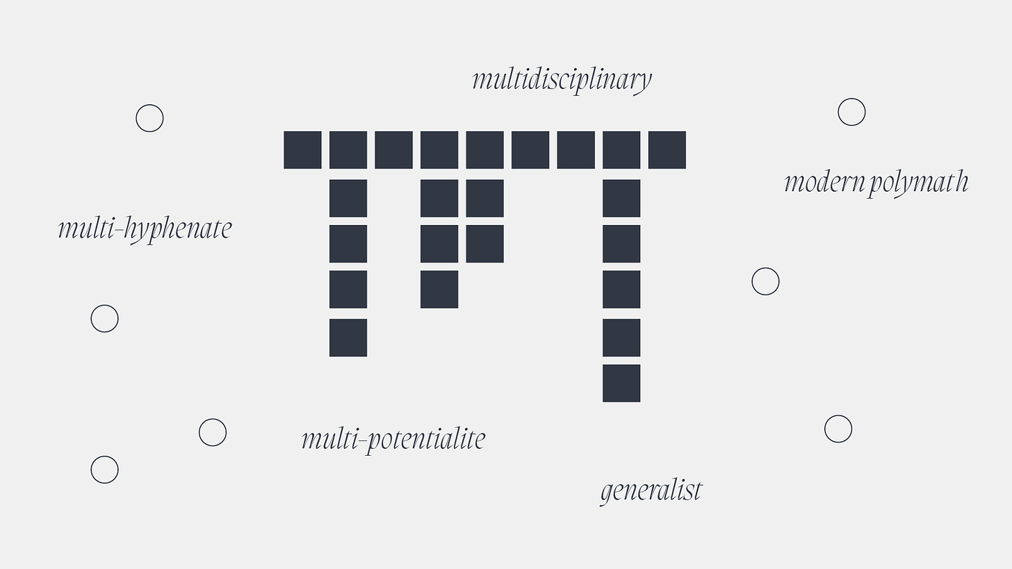 Comb-shaped graphic made up of squares. Words float around it: multi hyphenate, multidisciplinary, modern polymath, generalist, multipotentialite.