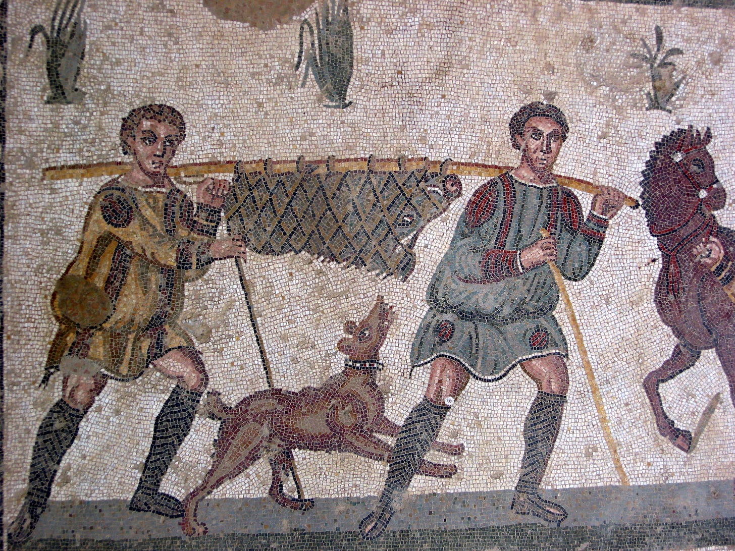 A fresco of hunters carrying a trussed hog, photographed byNeil Weightman, CC BY 2.0 <https://creativecommons.org/licenses/by/2.0>, via Wikimedia Commons