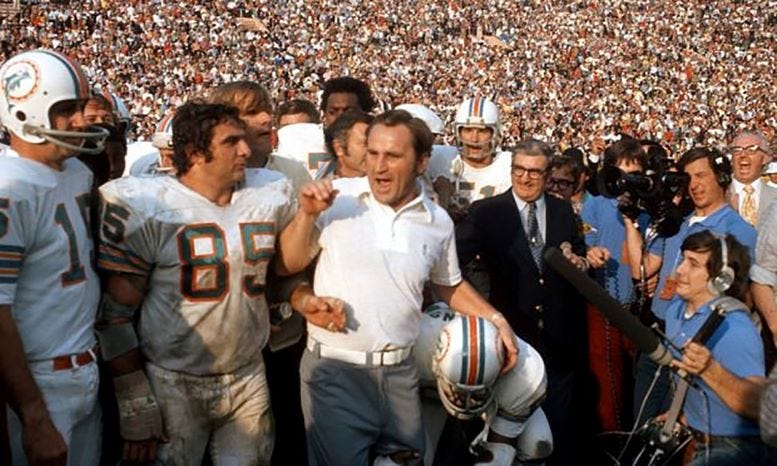 Don Shula getting hoisted at the end of Super Bowl VII. Courtesy of the Associated Press.