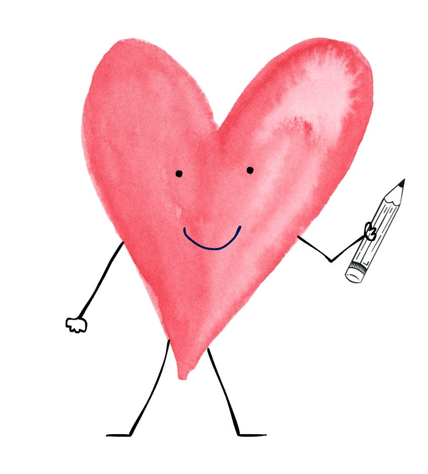 A heart holding a pencil getting ready to write