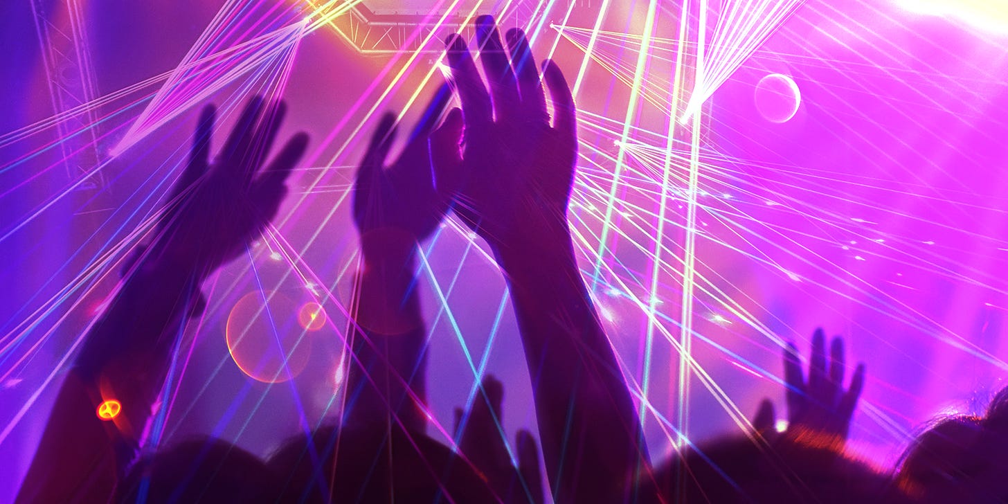 pic of hands in the air, club lights cascade in neon colors