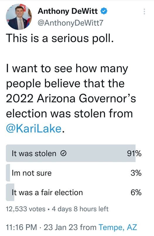 May be an image of 1 person and text that says 'Anthony DeWitt @AnthonyDeWitt7 DeWitt7 This is a serious poll. I want to see how many people believe that the 2022 Arizona Governor's election was stolen from @KariLake. It was stolen lm not sure 91% It was a fair election 3% 12,533 votes 6% 4 days 8 hours left 11:16 PM 23 Jan 23 from Tempe, AZ'