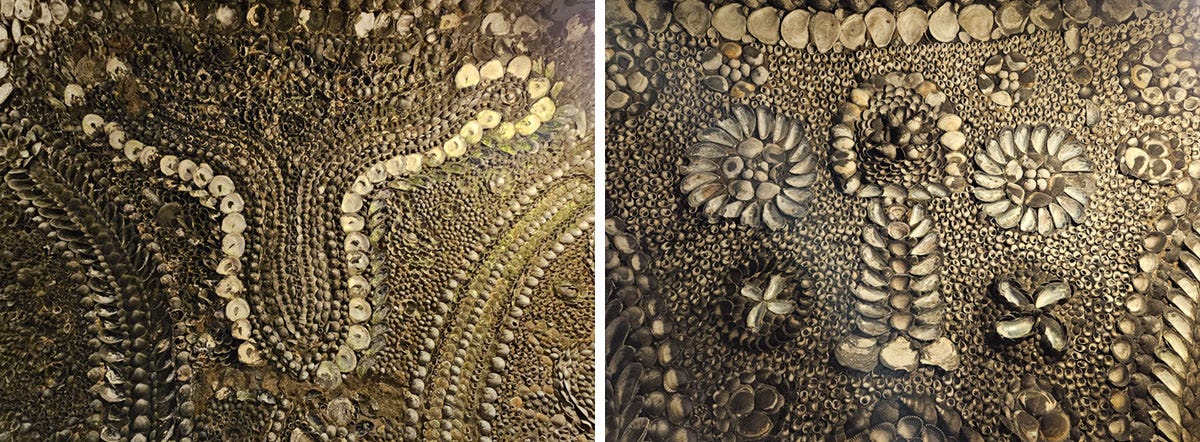 Two close-ups of walls decorated in swirling shell patterns