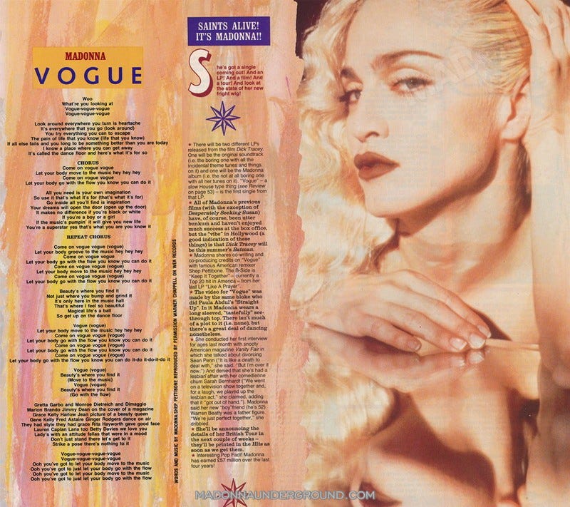A scan of an old page of Smash Hits which features a photo of Madonna  from the Vogue video, the lyrics, and some news, namely that the Dick Tracy movie is coming, there'll be a soundtrack by Madonna, and that madonna is now dating Warren Beatty after her divorce from Sean Penn