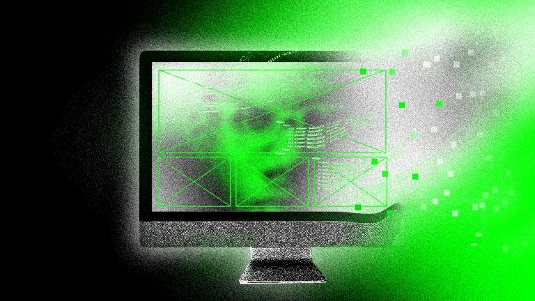 A green and black textured illustration of a computer screen with wireframes and a closeup of a man's face, with pixels and coding text wafting out of the screen.