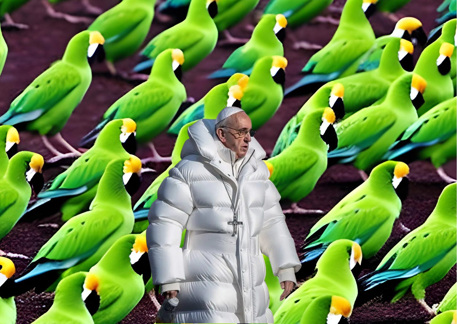 The A.I. generated pope in a puffy coat in front of a field of A.I. parrots