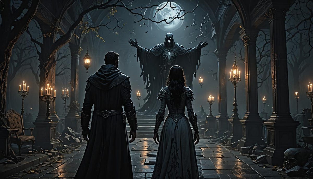 couple encounter the spectre of night, fantasy art