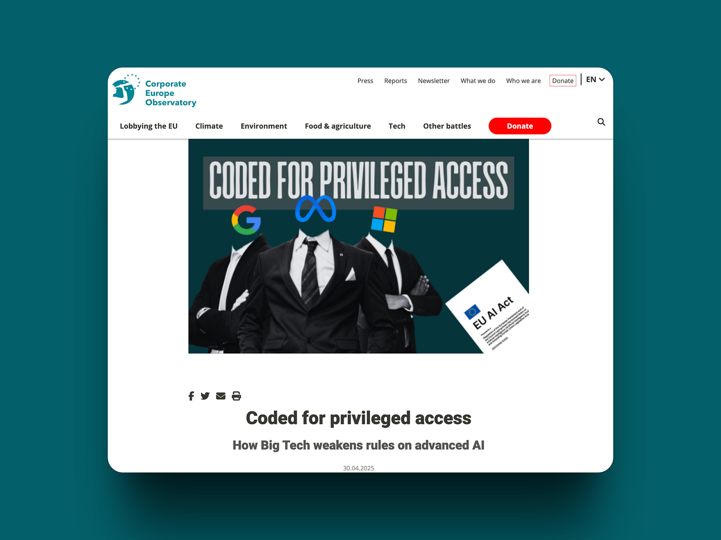 The image shows a webpage from the Corporate Europe Observatory titled