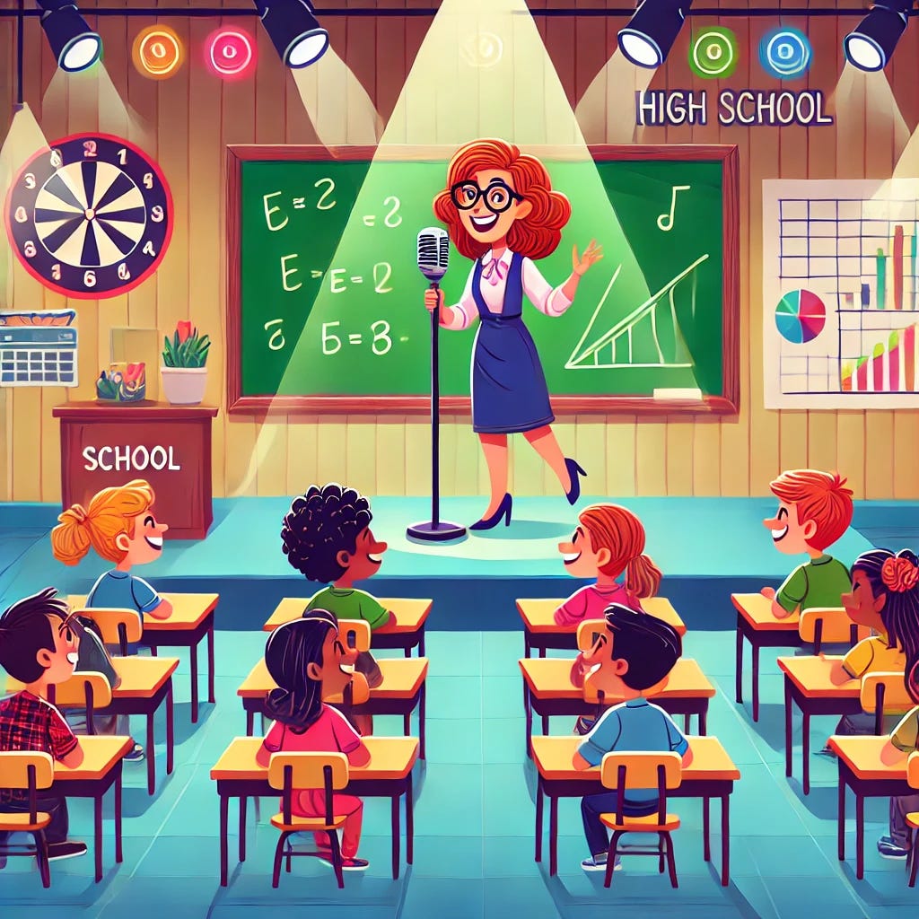 A cartoony high school classroom with students sitting at their desks, colorful decorations on the walls, and a chalkboard at the front. The teacher is standing at the front of the room in a spotlight, holding a microphone as though she were a stand-up comedian. The teacher has a playful expression, and the students are smiling and laughing. The scene is vibrant and lively, capturing the fun and humor of the moment.