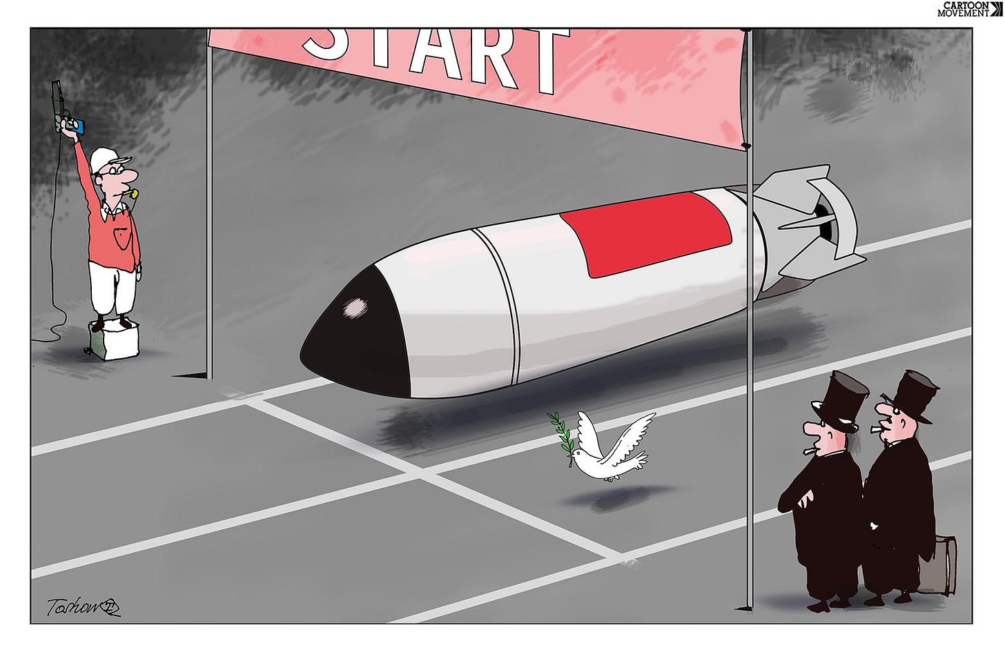 Cartoon showing the starting line of a race, with a giant, sleek missile and a small dove of peace about to race against each other.