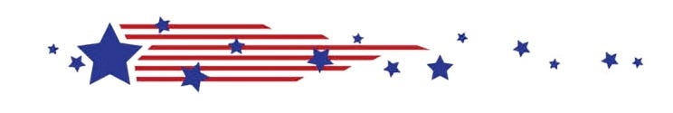 Patriotic divider graphic featuring red stripes with blue stars of varying sizes, resembling a stylized American flag with stars trailing to the right.