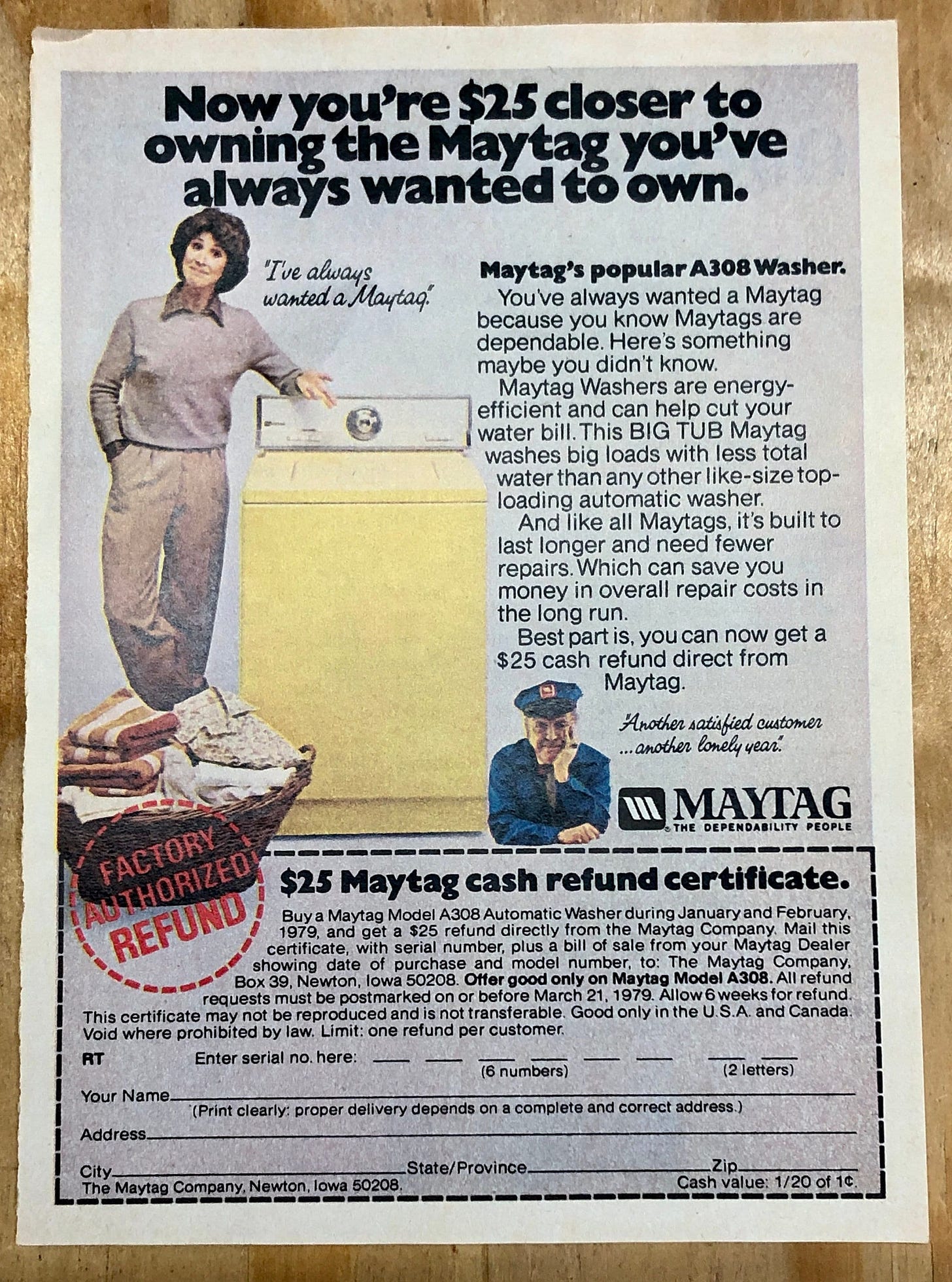 Vintage 1979 Mag Print Advertisement~ MAYTAG Washer Yellow A308~ Cash  Refund Certificate