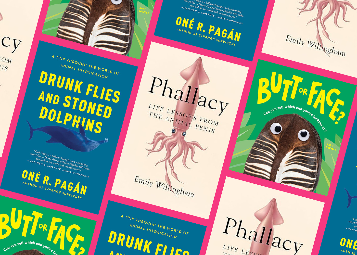 A collage with three book covers: Drunk Flies and Stoned Dolphins; Phallacy; Butt or Face?