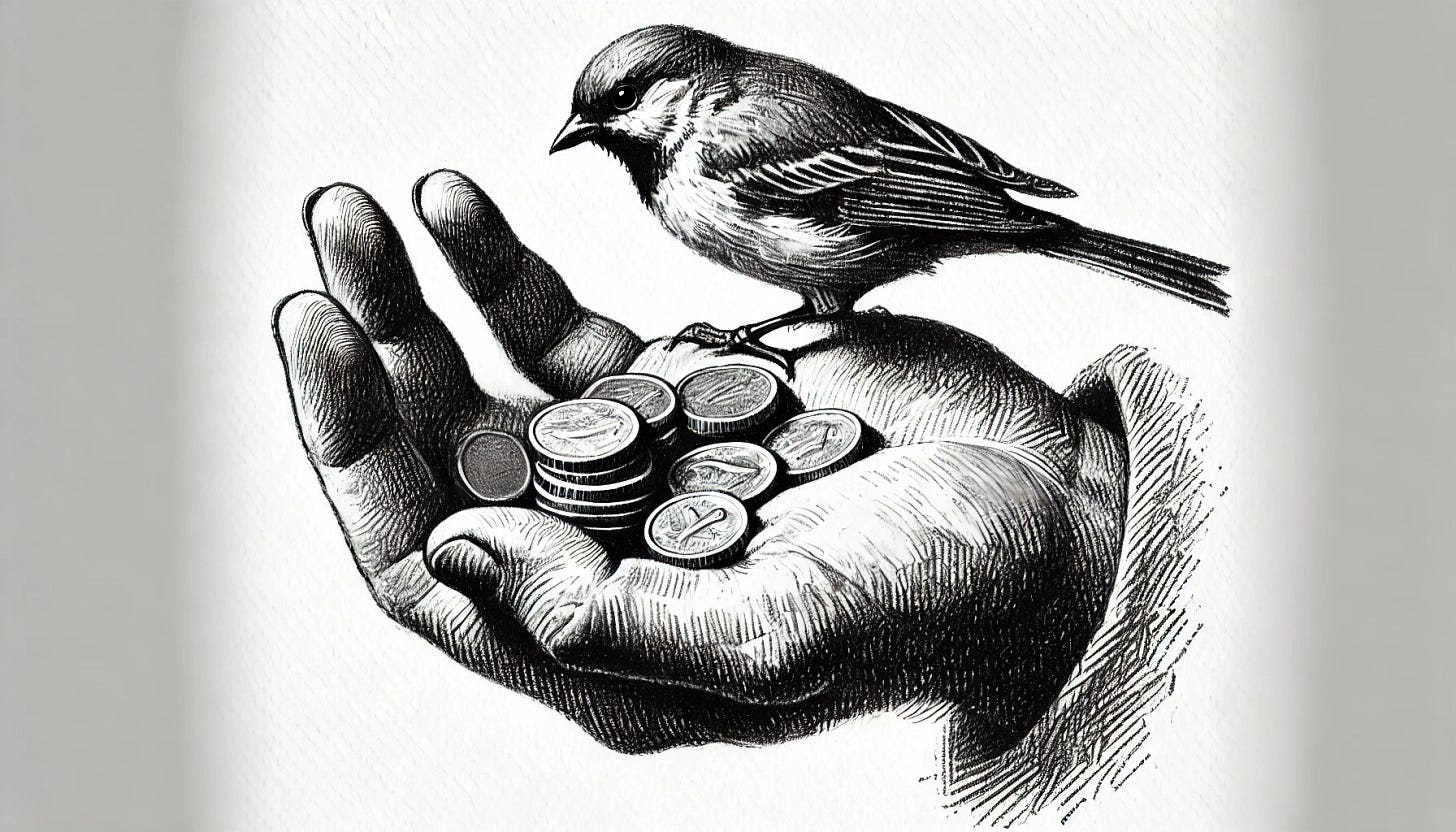 A black-and-white pencil sketch of a human hand gently holding a bird, created with a rougher, more amateur style. The bird sits perched on the hand, and there are fewer coins present, placed only on the hand alongside the bird. The shading is less refined, using basic cross-hatching or uneven strokes. The composition is simplified, focusing primarily on the hand, bird, and the few coins resting in the hand. The overall style remains raw and unpolished, with a clean and uncluttered look.