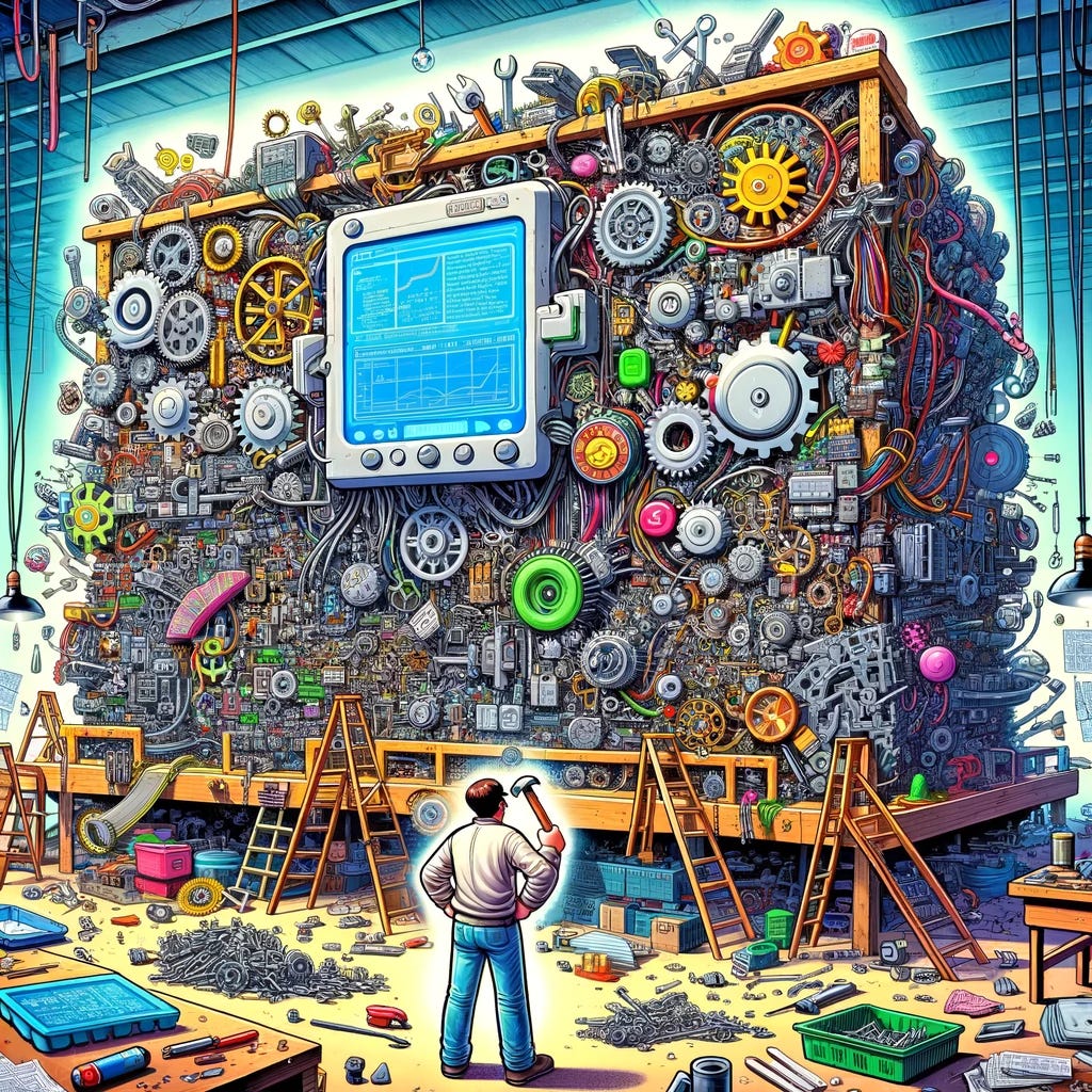 A cartoon depicting a character standing in front of a massive, intricately designed, and complex machine that spans the width of the image, filled with gears, wires, screens, and flashing lights, signifying a highly complex problem. The character is confidently holding a tiny, simple hammer, ready to 'fix' the machine, symbolizing the use of an overly simplistic tool for a complex issue. The character is dressed in casual, modern clothes, suggesting they are an everyday person out of their depth. The background is a cluttered workshop filled with tools, blueprints, and parts of other machines, emphasizing the complexity of the task at hand and the mismatch between the problem and the solution. The cartoon style is bright, colorful, and exaggerated to highlight the humor and absurdity of the situation.