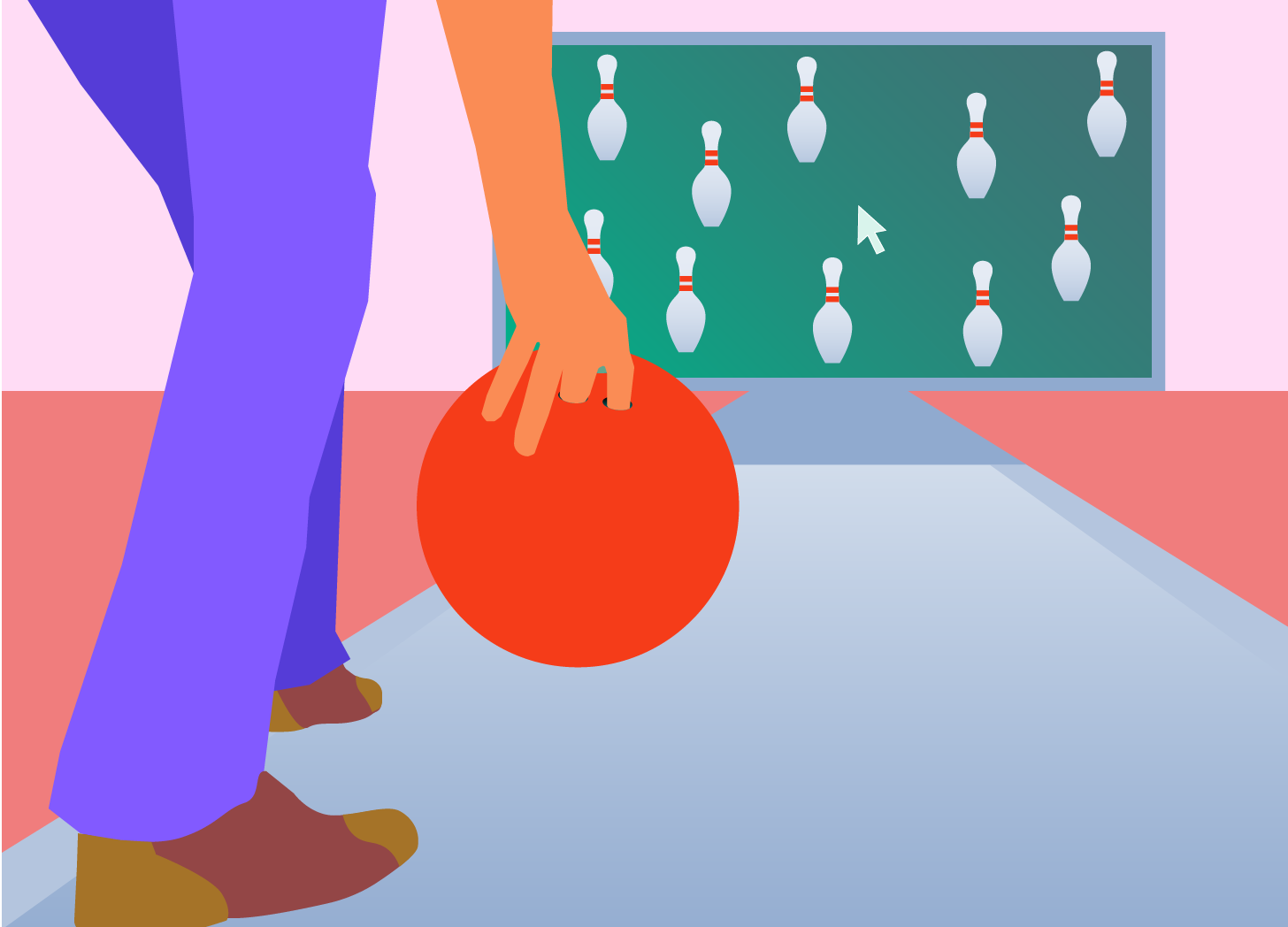 colorful illustration of a person bowling with a computer screen full of bowling pin icons at the end of the lane