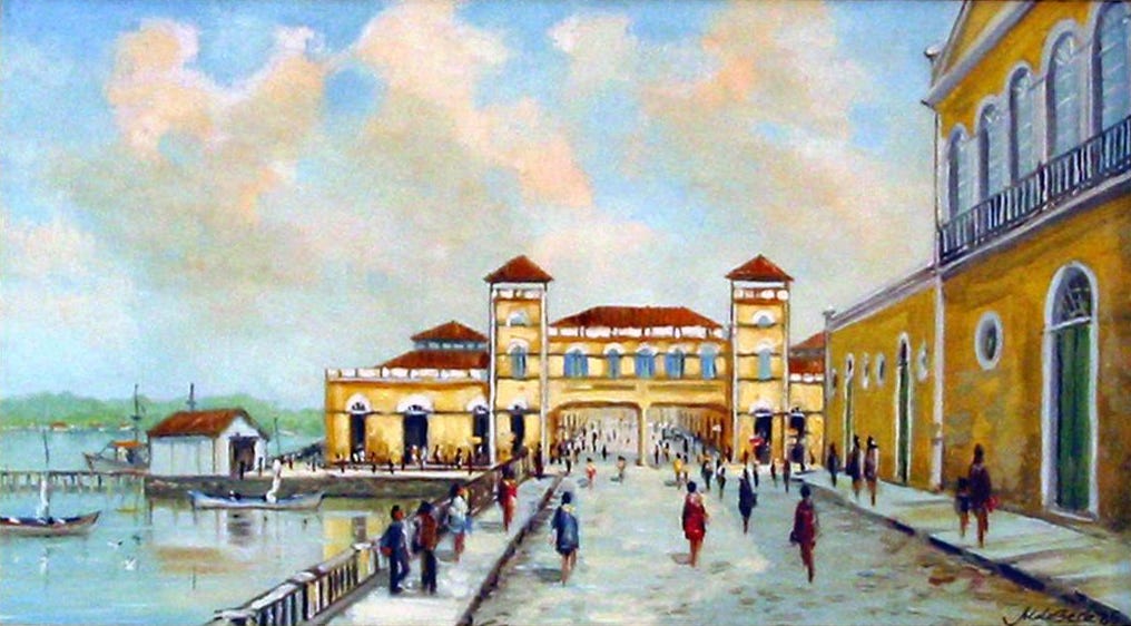 Pintura colorida que mostra uma Florianópolis antiga, quando o Largo da Alfândega ainda era banhado pelo mar, antes do aterramento.