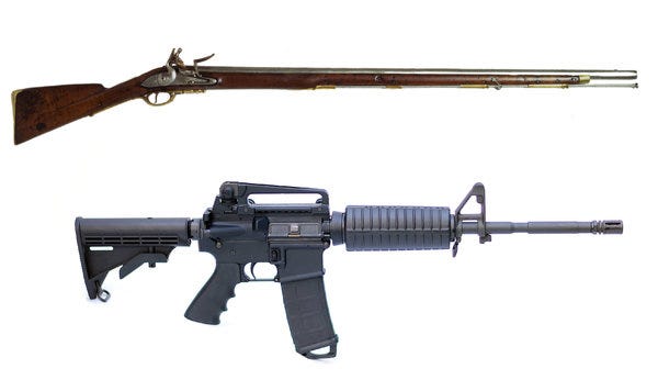 A musket from the 18th century, when the Second Amendment was written, and an assault rifle of today.