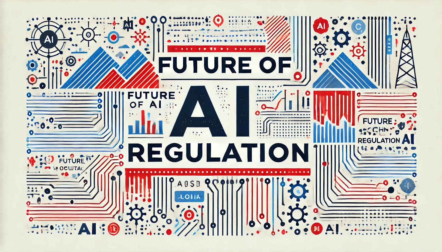 Create a simple, minimalist landscape graphic for the title 'FUTURE OF AI REGULATION' with a professional, modern theme in red, white, and blue. Use bold, clean typography, and incorporate subtle tech-themed elements, such as faint lines or circuits, to suggest AI and innovation. Keep the design uncluttered and forward-looking, suitable for a headline or announcement about policy and technology.