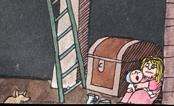 Detail from Zeralda's Ogre, showing a scared child in the basement.