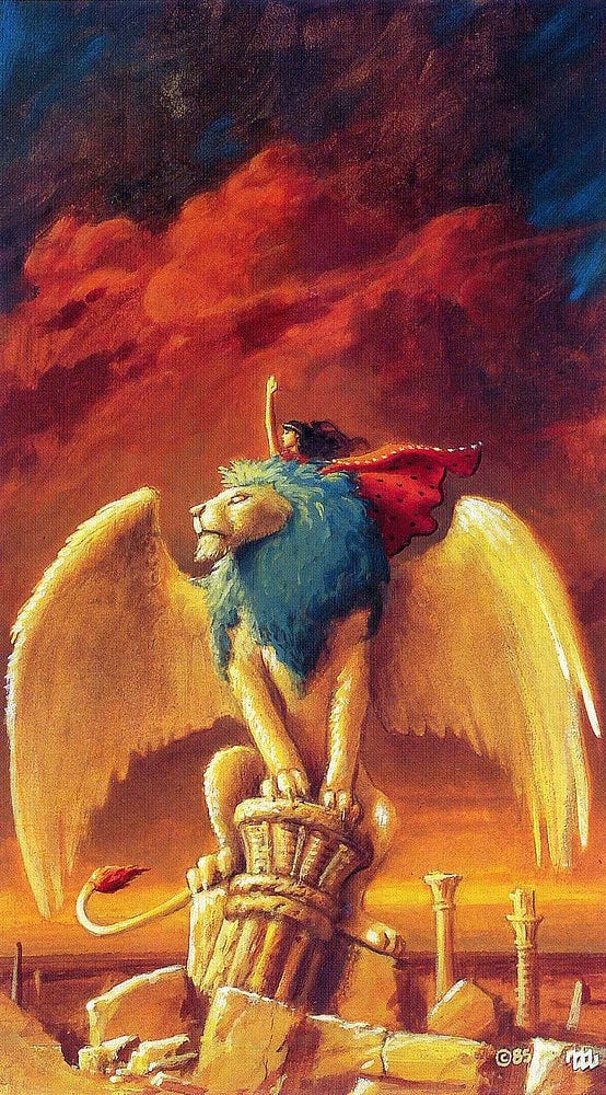 Alternative color concept for DELIRIUM'S MISTRESS.  Acrylic on Illustration Board - 9” x 6”. A raven haired young woman, mounted on the back of a white lion, raises her hand as her red cloak billows behind. The lion perches atop a pillar with its white feathery wings spread.