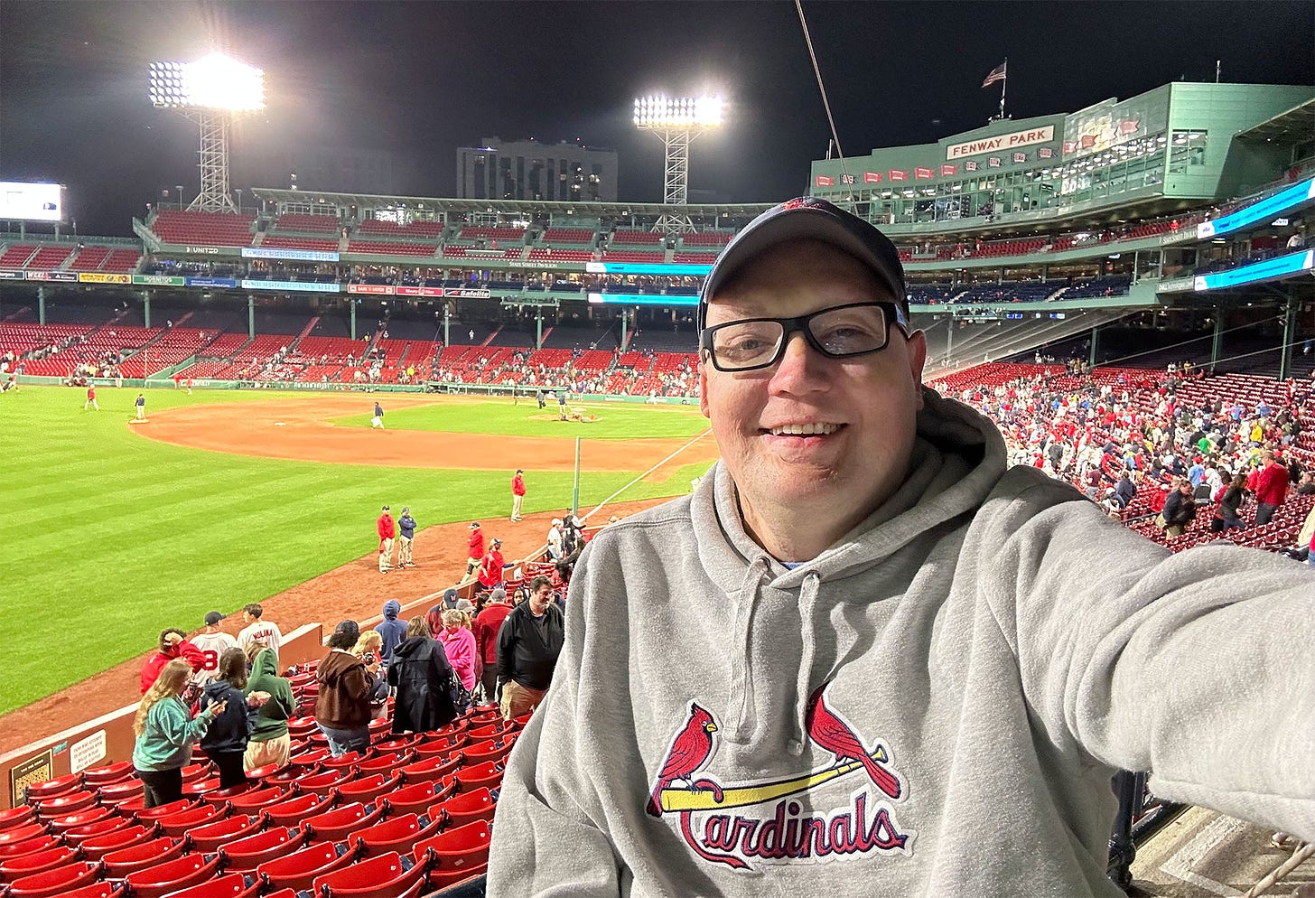 Selfie of John from left field grand stands at Fenway Park.