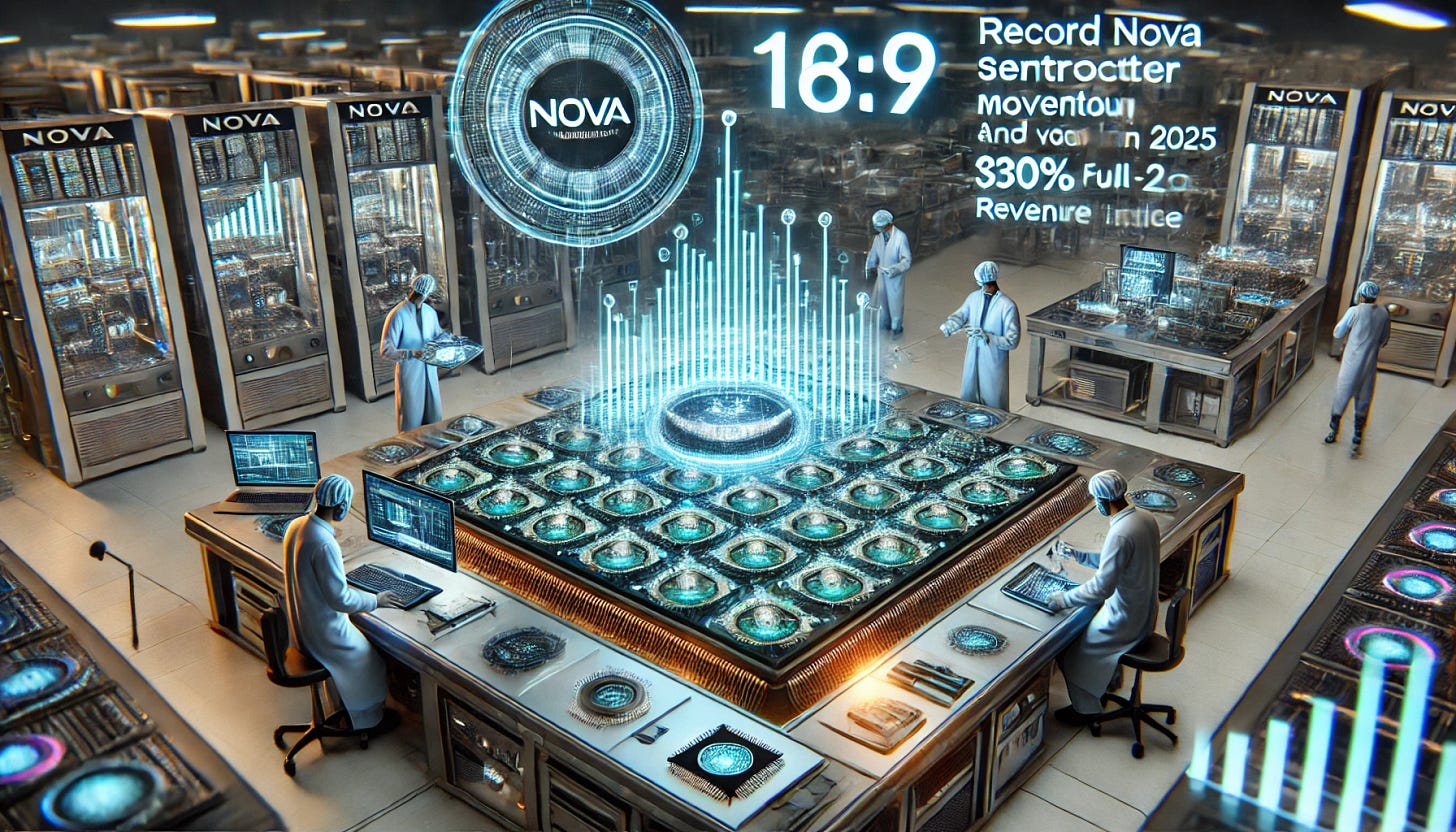 A 16:9 futuristic illustration showcasing Nova Ltd.'s record metrology momentum and its vision for 2025. The scene features a high-tech semiconductor metrology lab with glowing Nova-branded equipment inspecting advanced microchips. Holographic financial charts highlight Nova’s record Q4 2024 revenue of $194.8 million and a 30% full-year revenue increase. Engineers analyze chip surfaces with precision instruments, symbolizing Nova’s expertise in advanced packaging and materials metrology. The background includes a futuristic semiconductor fabrication environment, emphasizing innovation and growth.