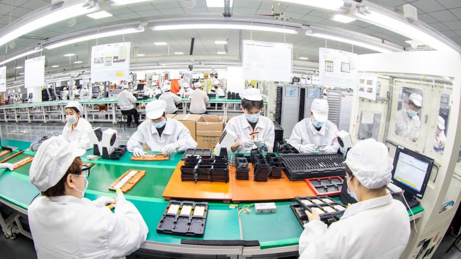 NANTONG, CHINA - APRIL 12, 2023 - Workers rush to make lithium battery products for domestic and international markets in Nantong, Jiangsu province, China, April 12, 2023. (Photo credit should read CFOTO/Future Publishing via Getty Images)