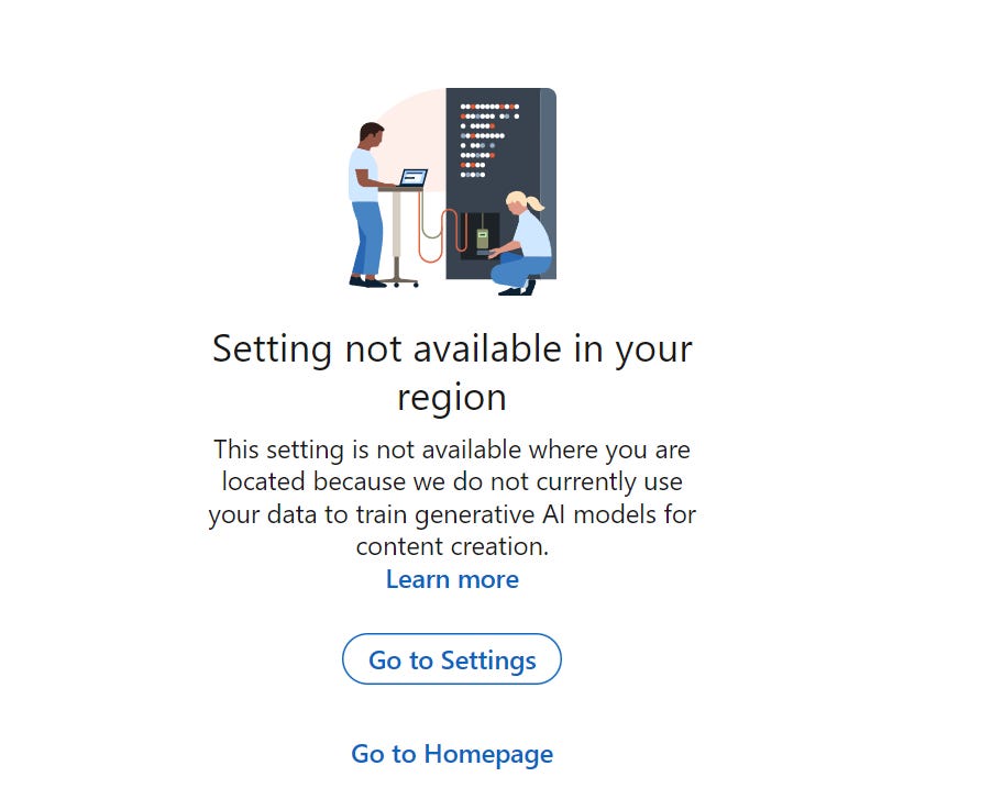 Message reads: Setting not available in your region ... 'we do not currently use your data to train generative AI models for content creation.'