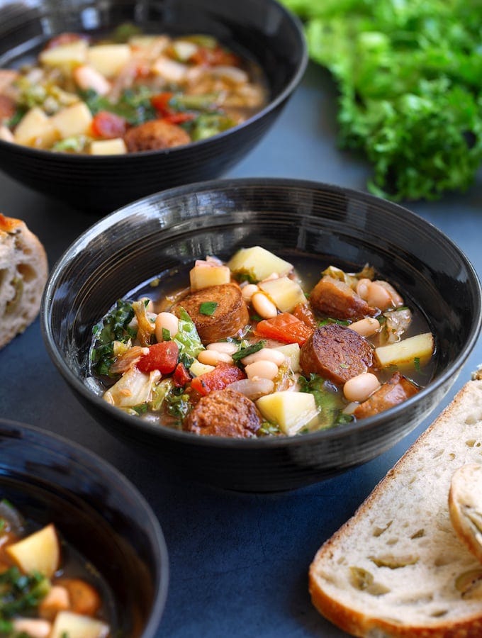 Vegan Sausage, Potato, & Escarole Soup