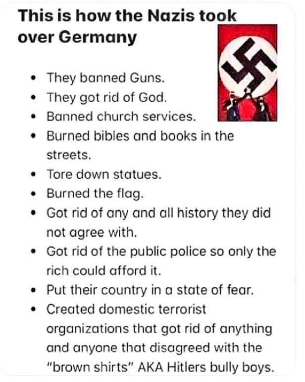 May be an image of text that says 'This is how the Nazis took over Germany They banned Guns. They got rid of God. Banned church services. Burned bibles and books in the streets. Tore down statues. Burned the flag. Got rid of any and all history they did not agree with. Got rid of the public police so only the rich could afford it. Put their country in a state of fear. Created domestic terrorist organizations that got rid of anything and anyone that disagreed with the "brown shirts" AKA Hitlers bully boys.'