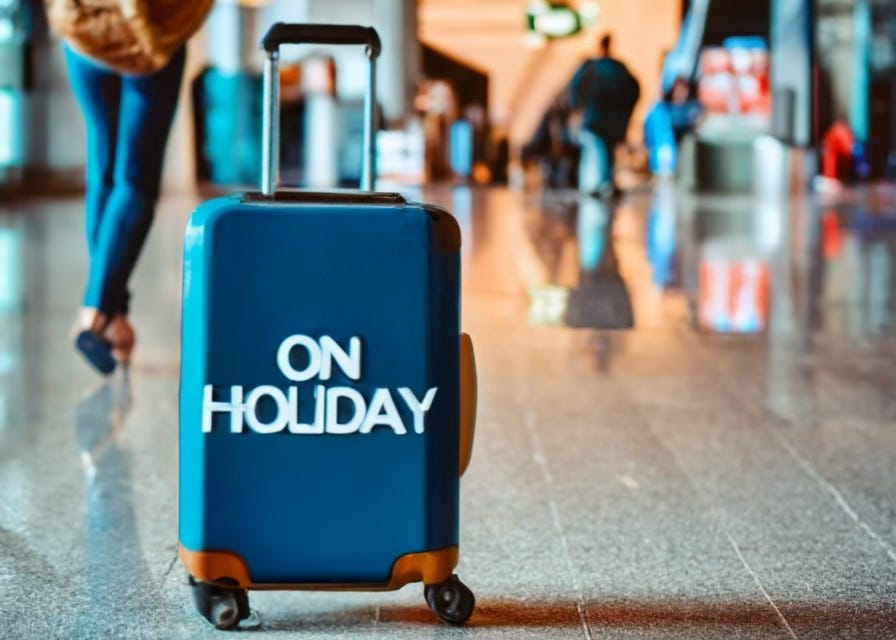 closeup of a suitcase on the floor of an airport terminal, with the words "ON HOLIDAY" written on the side