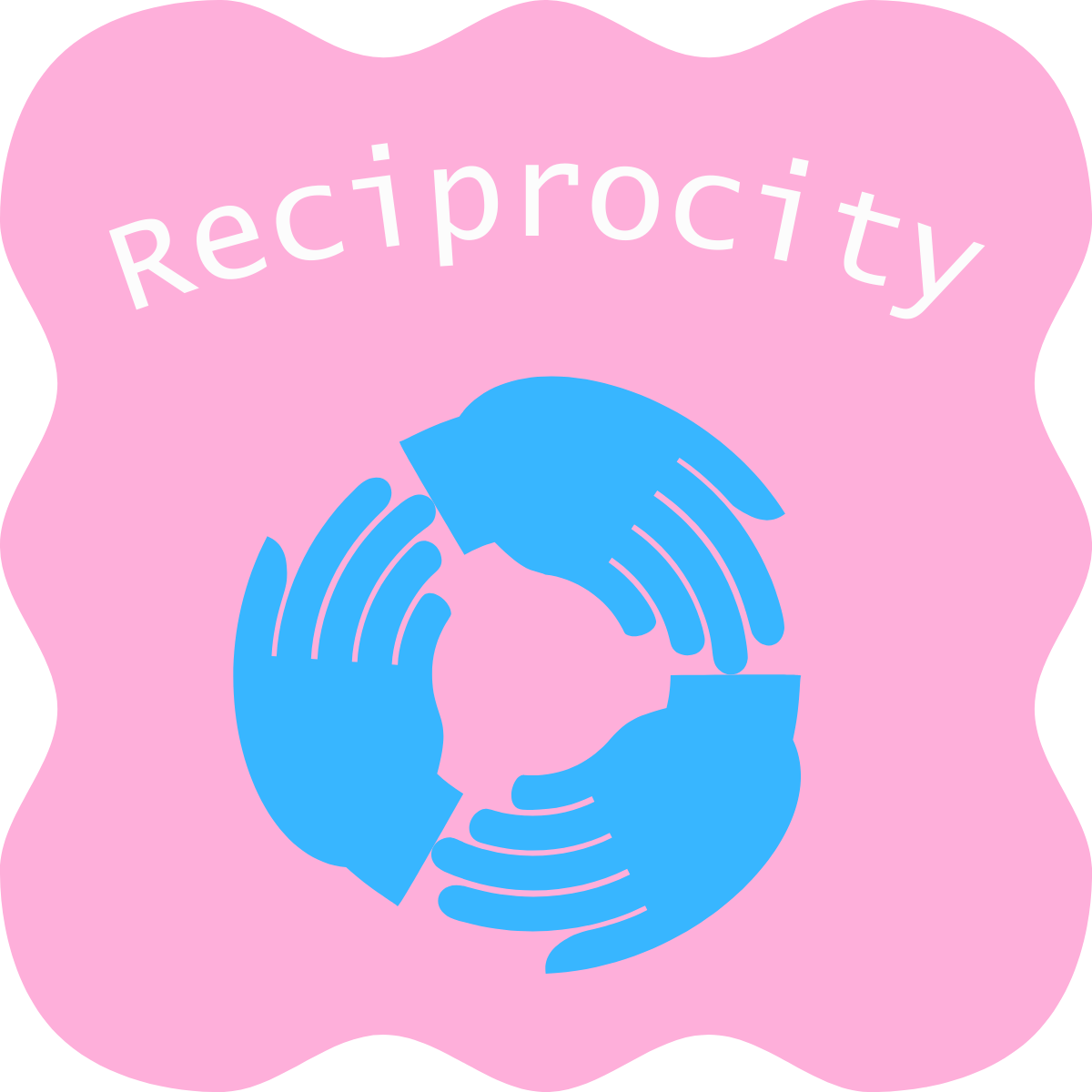 A pink wavy blob with "Reciprocity" written inside, with an image of 3 blue hands circling each other.