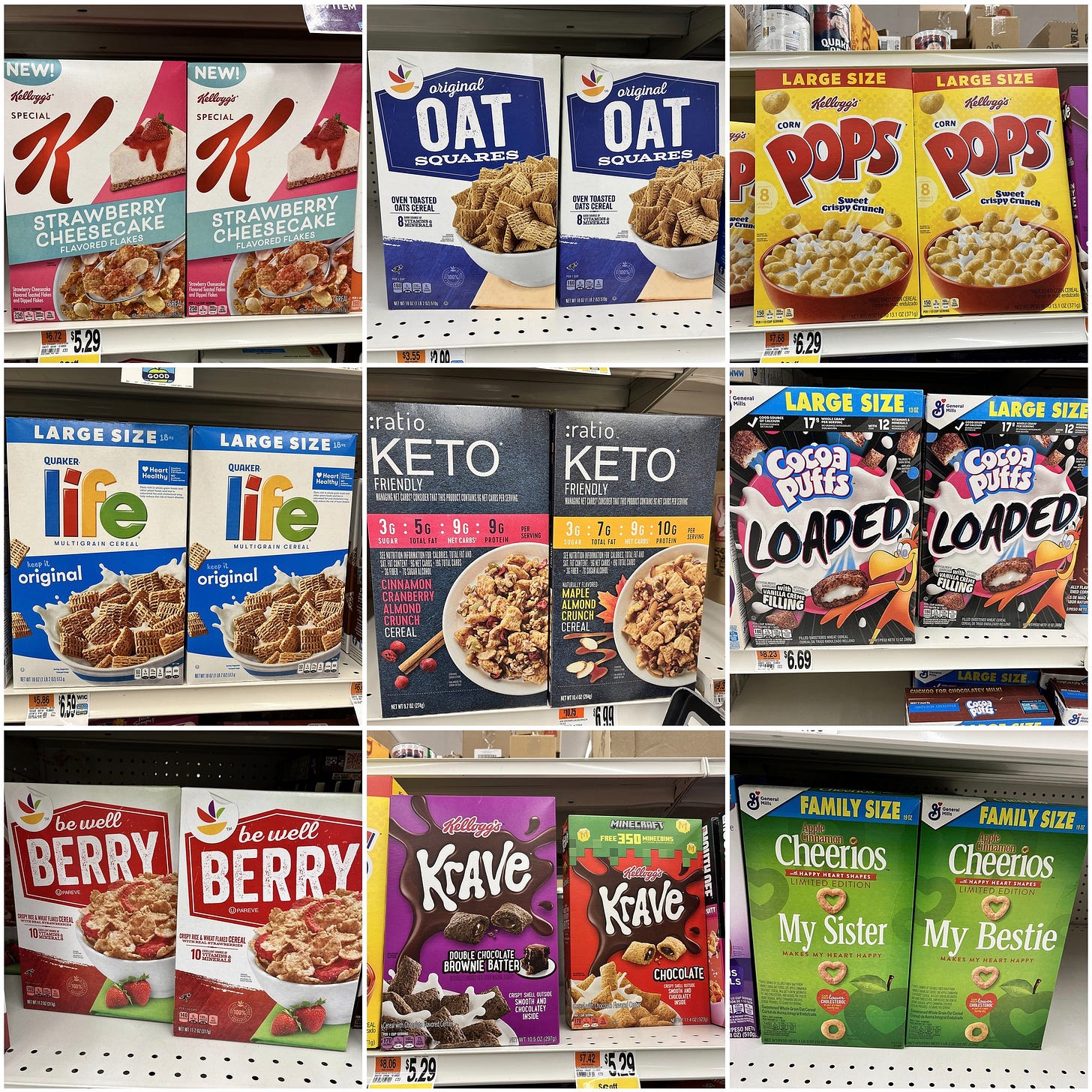 Photos of cereal boxes in a 3x3 grid from Instagram