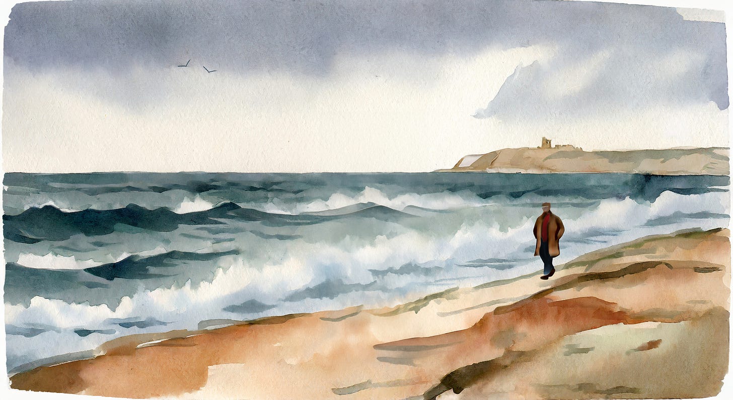 Jamie walking by the sea.