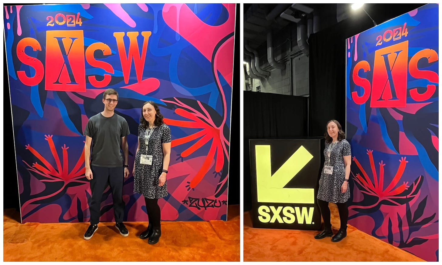 Pictures in front of the SXSW photo art display, which is decorated with bright blue/orange/pink floral imagery and swirls, over an orange carpet.