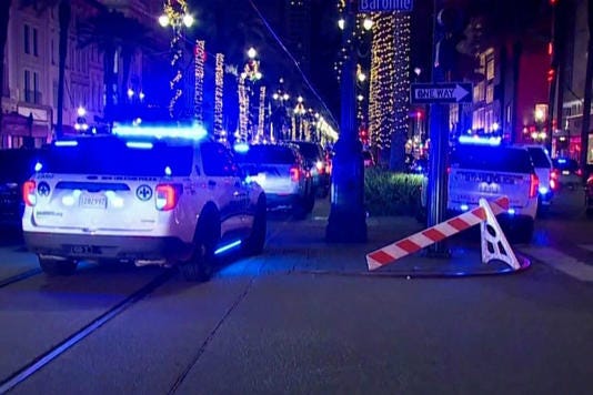 Police attend the scene where a pickup truck drove into a large crowd on Bourbon Street in the French Quarter of New Orleans, Louisiana, U.S. January 1, 2025 in this screengrab taken from a video. ABC Affiliate WGNO/Handout via REUTERS