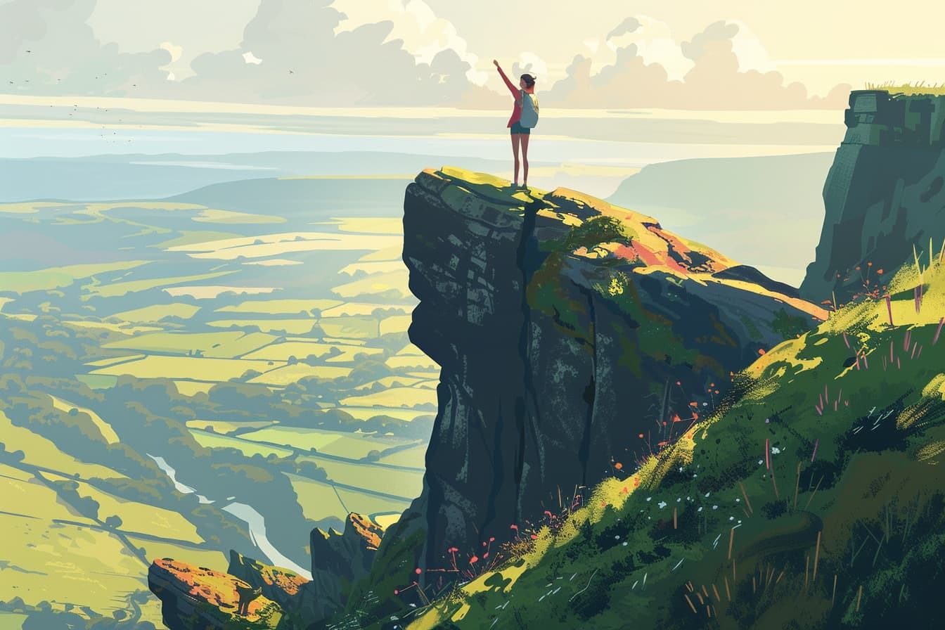 A woman, perched on the edge of a cliff, gazes out over the expanse. Dressed in a vibrant red shirt and shorts, her arms are outstretched, embracing the beauty before her. The sky is a clear blue, adorned with wisps of white clouds.